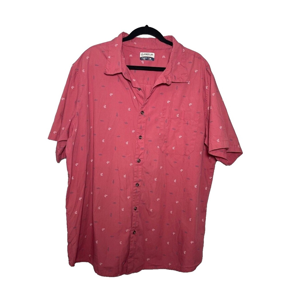 Magellan Shirt Mens 2XL‎ Red All Over Print Fish Coastal Outdoor Cabin Fishing